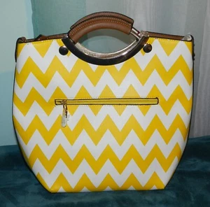 BRAND NEW LA TERRE FASHION VEGAN HANDBAG IN A YELLOW & WHITE! CHEVRON! SUMMER! - Picture 1 of 7