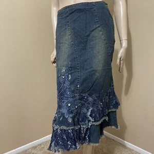 Gonna da donna blu denim cotone boho con perline in pizzo asimmetrico taglia L (8-10) 3713 - Foto 1 di 22