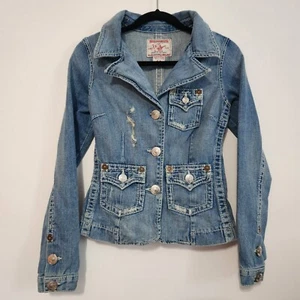 Vintage True Religion Jean Jacket Womens Small Denim Y2K Distressed Jackie Big T - Picture 1 of 14