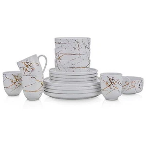 Stone Lain Zora 16-Piece Porcelain Gold Splash Dinnereware Set in White&Gold - Picture 1 of 11