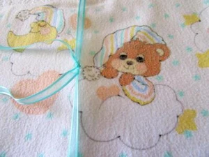 Vintage Riegel Teddy Beddy Bear 100% Flannel Baby Receiving Blanket Clouds 30x40 - Picture 1 of 11