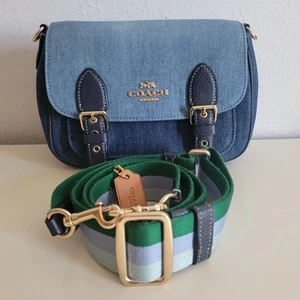Coach Leather Denim Lucy Crossbody Bag With Striped Web Strap C8583 - Picture 1 of 16