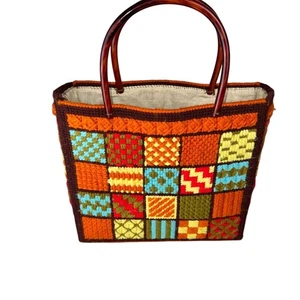 Crochet Handmade Bag Tote Top Handle Colorful Square Granny Square Vintage - Picture 1 of 6