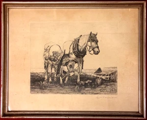 Radierung Ackergaul und Kuh in landwirtschaftlicher Umgebung, signiert, gerahmt - Picture 1 of 5