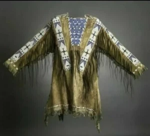 Native American Western Wear Suede Leather Jacket Fringes & Beads Work War Shirt - Picture 1 of 2