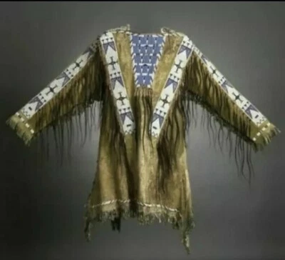 Native American Western Wear Suede Leather Jacket Fringes & Beads Work War Shirt - Image 1 of 2