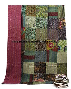 Indian Handmade Kantha Quilt.Vintage Twin Size Bedspread Throw Cotton Blanket - Picture 1 of 3