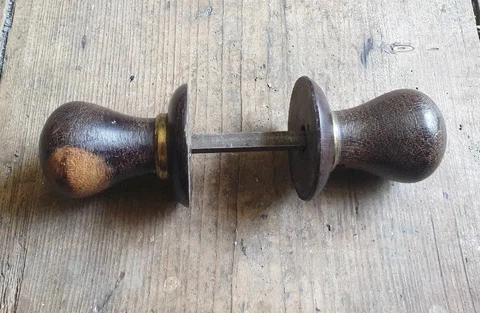 One pair of old/vintage wood Ebony? door handles With 2  backplates Cover