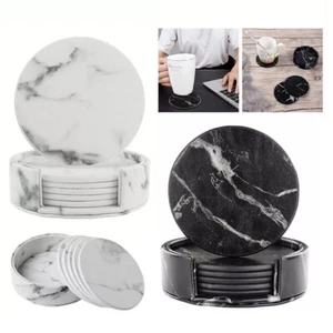 6x Coasters for Drinks with Holder Marble texture Round Cup Mat Pad Set - Picture 1 of 10