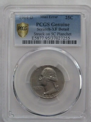Mint ERROR 1964-d WASHINGTON Quarter. PCGS XF details "Struck on 5¢ Planchet" - Image 1 of 4