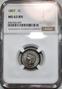 NGC MS-63 BN 1897 Indian Head Cent, Lustrous, Lightly Toned specimen. - Picture 1 of 2