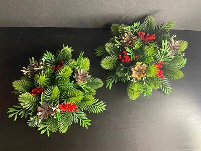 Par de anillos de velas cónicas vintage de plástico navideño de muérdago verde años 70 Foto 1 de 4