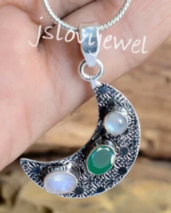 Green Onyx & Moonstone Gemstone 925 Sterling Silver Birthstone Pendant Jewelry - Picture 1 of 6