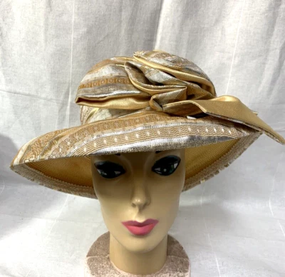 VTG Perche Couture Church Wedding Derby Holiday Hat S / M Gold Silver $37 OBO ch - Image 1 of 4