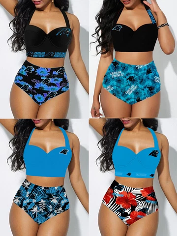 Carolina Panthers Women's 2PCS Floral Bikini Butt Lift Swimsuit Bathing Suit Cover