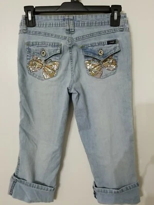 Girl's ANGELS Jeans Butterfly Sequins Pockets Size 12 Capri Cropped Tacked Cuffs - Image 1 of 3
