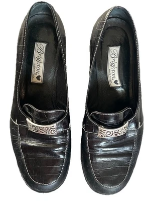 Tacones mocasines vintage de cuero Brighton 9,5 M negro estampado cocodrilo años 90 Foto 1 de 4