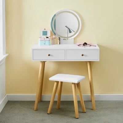 Dressing Table With Stool Led Lights Vanity Makeup Desk Set With 2 Drawers White - Image 1 of 4