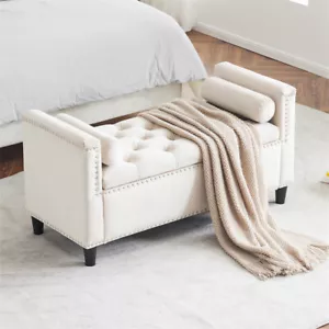 Queen Velvet Upholstered End of Bed Bench Storage Ottoman Seat w/Nailhead Trim - Picture 1 of 10