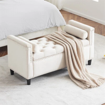  Queen Velvet Upholstered End of Bed Bench Storage Ottoman Seat w/Nailhead Trim - Image 1 of 4