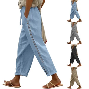 Women's Comfortable Loose Pants Solid Cotton Line Casual Drawstring Sweet Pants - Picture 1 of 26