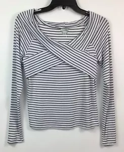 CHELSEA SKY Shirt Women’s L White Black Stripe Criss Cross Front Long Sleeve NWT - Picture 1 of 6