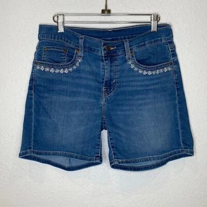 Levi’s Women’s Blue Denim Jean Shorts w/ Floral Embroidered Pockets EUC Sz 28 - Picture 1 of 13