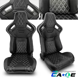 2 x Black PVC Main Grey SideWhite Line Reclinable Racing Seats Left&Right Pair - Picture 1 of 8