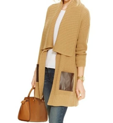 NWT $175 MICHAEL KORS Faux Leather Pocket Cardigan Dark Camel — 第 1/4 张图片