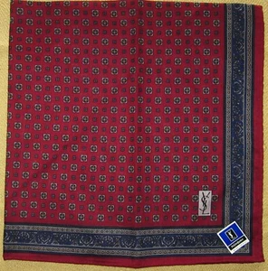 YVES SAINT LAURENT *Crest-Pattern Red Scarf Handkerchief 48cm /YUKIKAZ - Picture 1 of 5