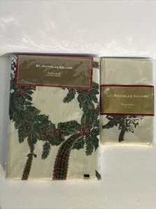 St Nicholas Square CHRISTMAS RIBBONS 60 x 104”  Tablecloth 4 Cloth Napkins Set - Picture 1 of 8