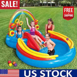 65 Gal. Inflatable Pool Swimming Rainbow Ring Play Center with Water Slide Kids - Picture 1 of 5
