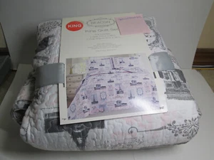 Leuchtfeuer King Quilt Set Frankreich Paris Eiffeltuch Arc de Triomphe rosa und grau - Bild 1 von 16