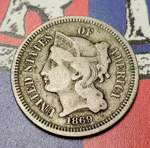 1869 3 Three Cent Nickel Us Coin Vf Cover