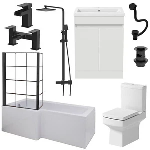 Complete Bathroom Suite Black LH Shower Bath Screen Basin Vanity Toilet 1700 - Picture 1 of 17