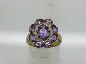 Gold OVER Sterling Silver .925 Oval Purple Amethyst Cluster Faceted Ring Size 7 - Picture 1 of 11