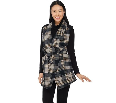 NEW Lisa Rinna Collection L Plaid Vest w/ Faux Leather Detail Neutral QVC 8935 - Image 1 of 4