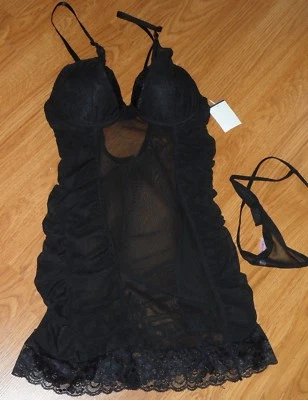 *NATIVE INTIMATES TEDDIE SIZE 34B / S BLACK SHEER MESH THONGS NWT  - Image 1 of 2