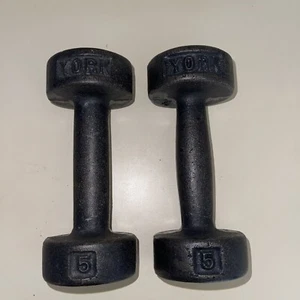 Vintage York Dumbbell Weights Pair 5 Lb Cast Iron Round Flat Bottom USA 10 Lb - Picture 1 of 3