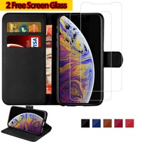 Leather Flip Wallet Case + Tempered Glass Screen Protector For iPhone 11 Pro Max