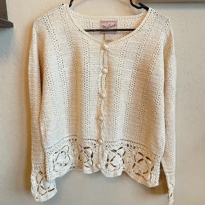 Vintage Woolrich Sz L Cardigan Hemp Cotton Open Knit Button Down Crochet Knit  - Image 1 of 4