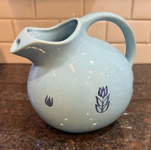 Vintage Cronin Robins Egg Blue Danish Tulip Print Ceramic Pitcher USA Pottery - Picture 1 of 11