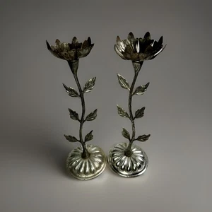 Antique Set Of Tall Aluminum Flower Candleholder Fragile Intricate Unique Candle - Picture 1 of 5