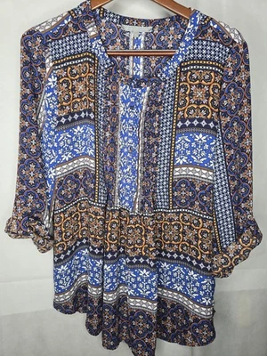 Daniel Rainn Peasant Top Boho Blue Print 3/4 Roll Tab Sleeve Pleated Popover XL - Image 1 of 4