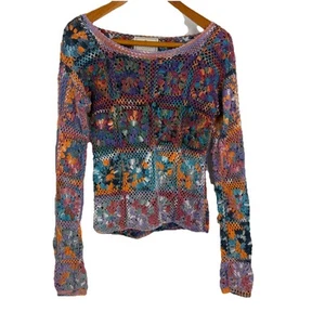 Vintage Y2K Express Tricot Women Crochet Sweater OS Rainbow Hippie Festival Boho - Picture 1 of 8