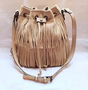 Patricia Nash Beige Tan Suede Fringe Bucket Purse Bronte Bohemian Shoulder Bag - Picture 1 of 24