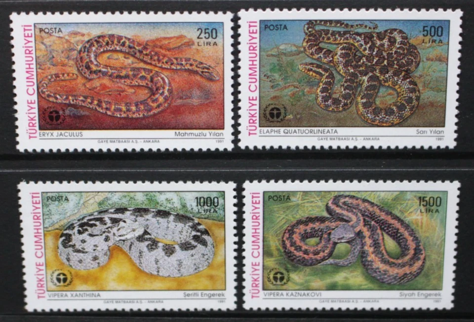 TURQUÍA 1991 Día Mundial del Medio Ambiente: Juego de 4 serpientes como nuevas nunca montadas SG3130/3133 Foto 1 de 1