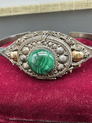 Brazalete Vintage Píldora Venenosa Malaquita Cabujón 925 Oro Esterlina 18K SUATA Foto 1 de 4