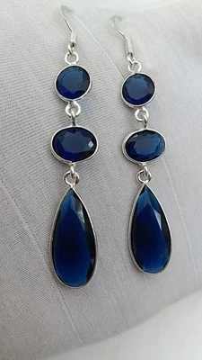 Pendientes Gancho Zafiro Azul Hechos a Mano - Chapado en Plata Joyería Azul Regalo para Ella  Foto 1 de 4