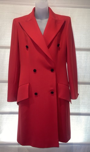 Cappotto doppiopetto vintage Valentino rosso lana gaberdine ~ pezzi ~ logo foderato in seta ~ taglia 6